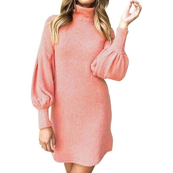 Dresses & Skirts - NWT Baby Pink Knit Mockneck Puff Sleeve Dress